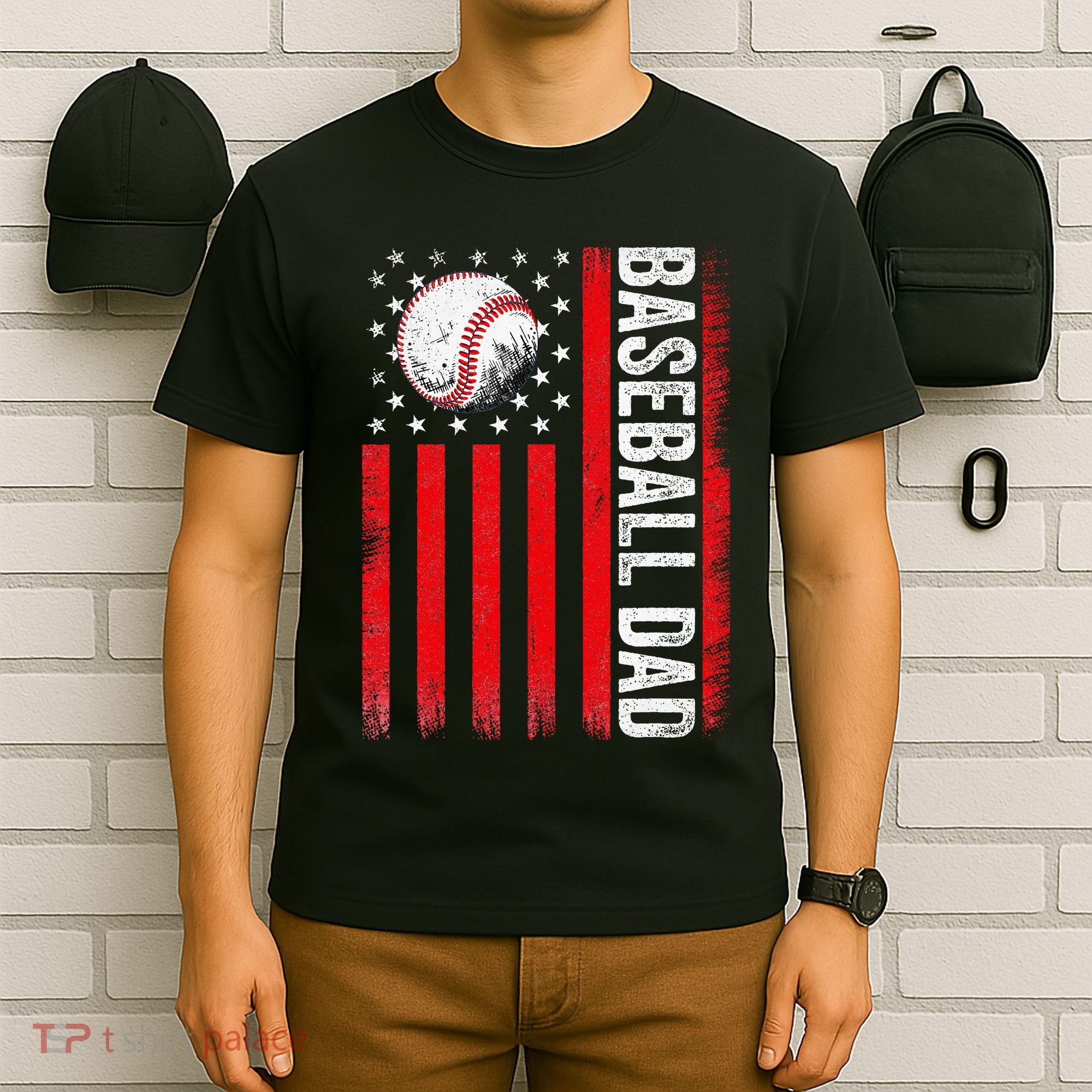Baseball Dad Player American Us Flag Patriotic T-Shirt