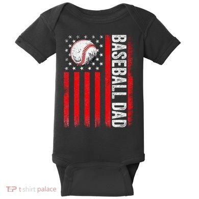 Baseball Dad Player American Us Flag Patriotic Baby Bodysuit