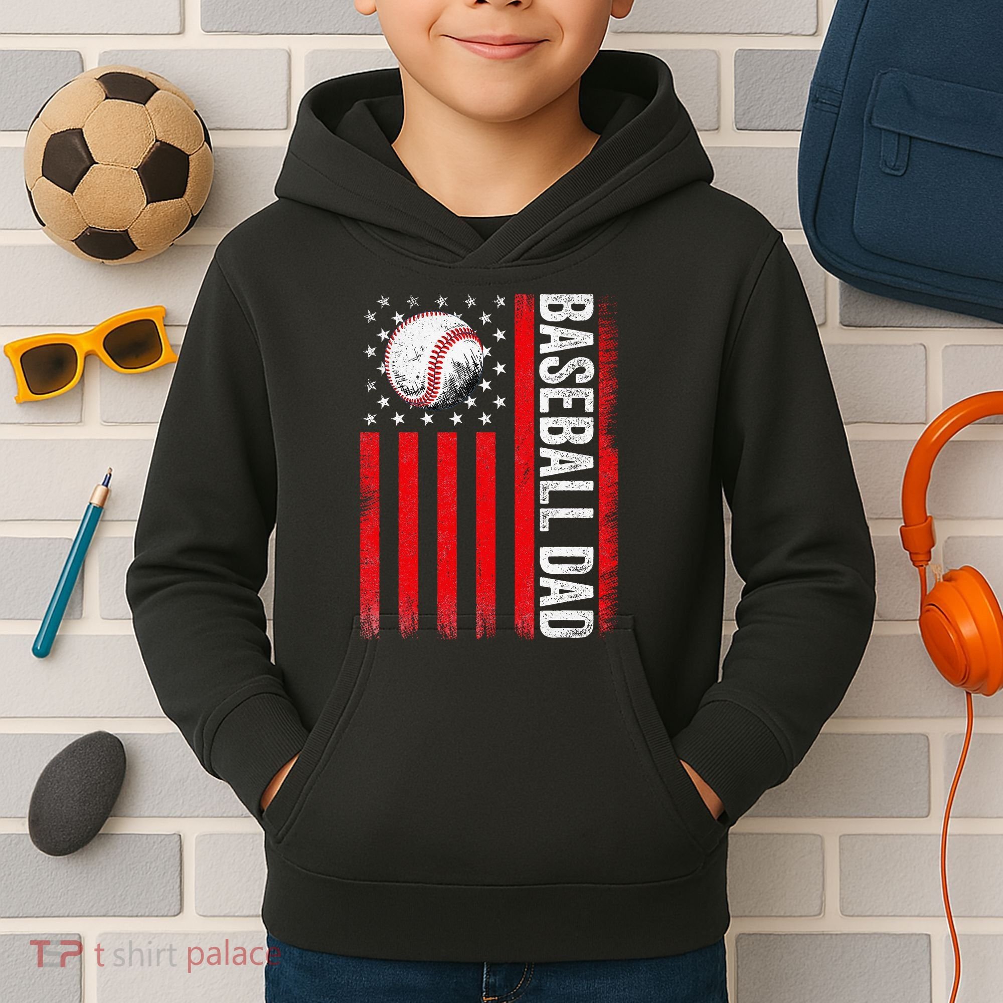 Baseball Dad Player American Us Flag Patriotic Kids Hoodie
