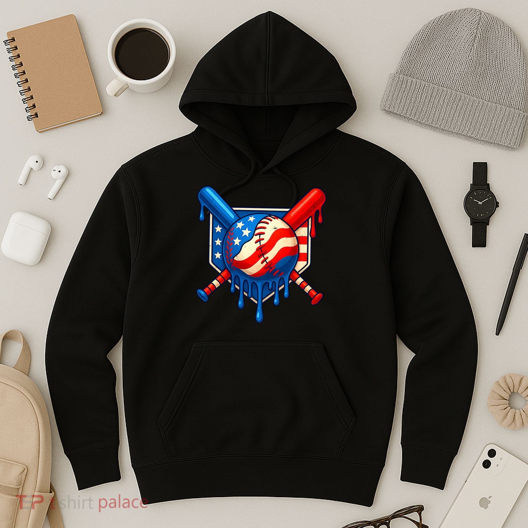 Baseball Drip Patriotic American Flag USA Hoodie