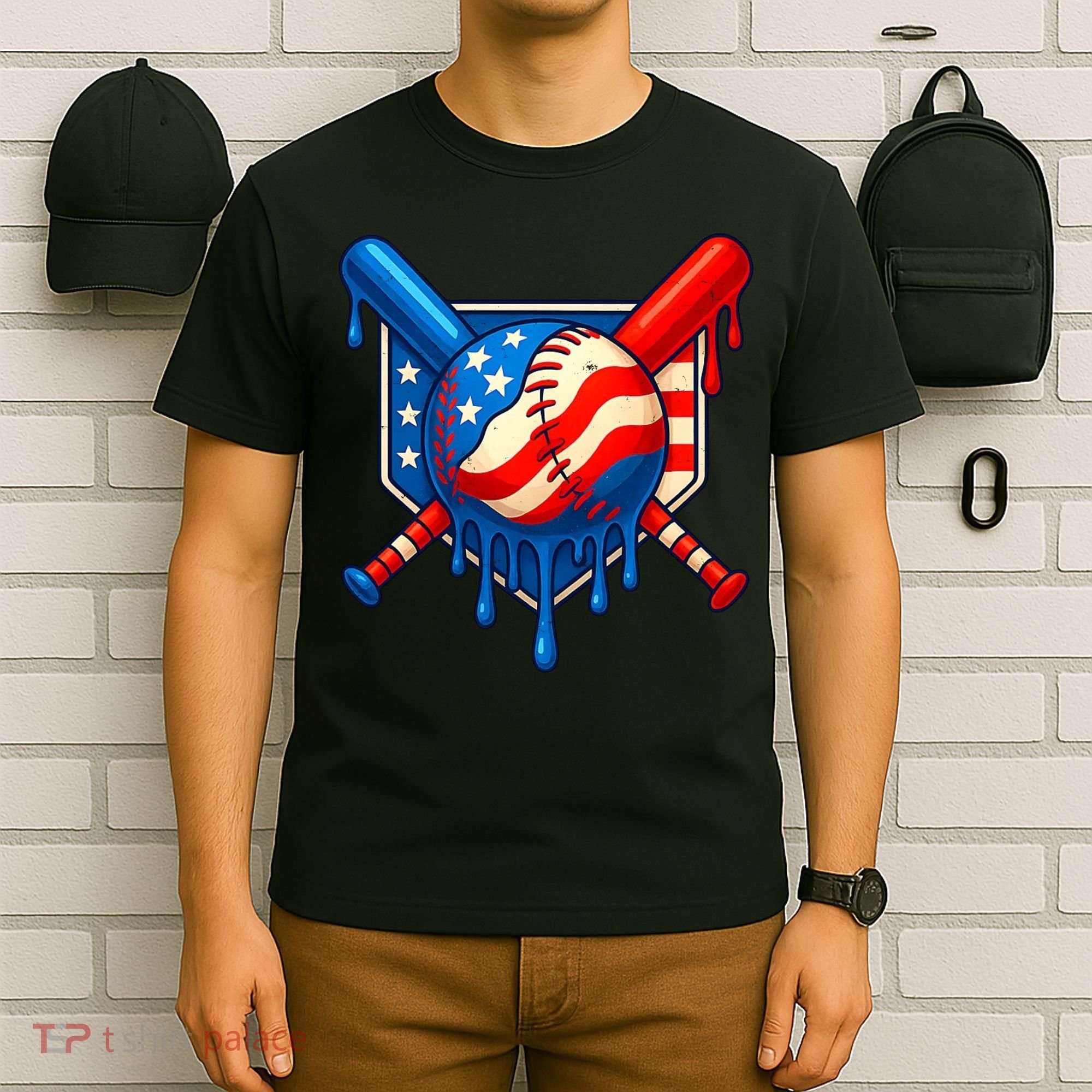 Baseball Drip Patriotic American Flag USA T-Shirt
