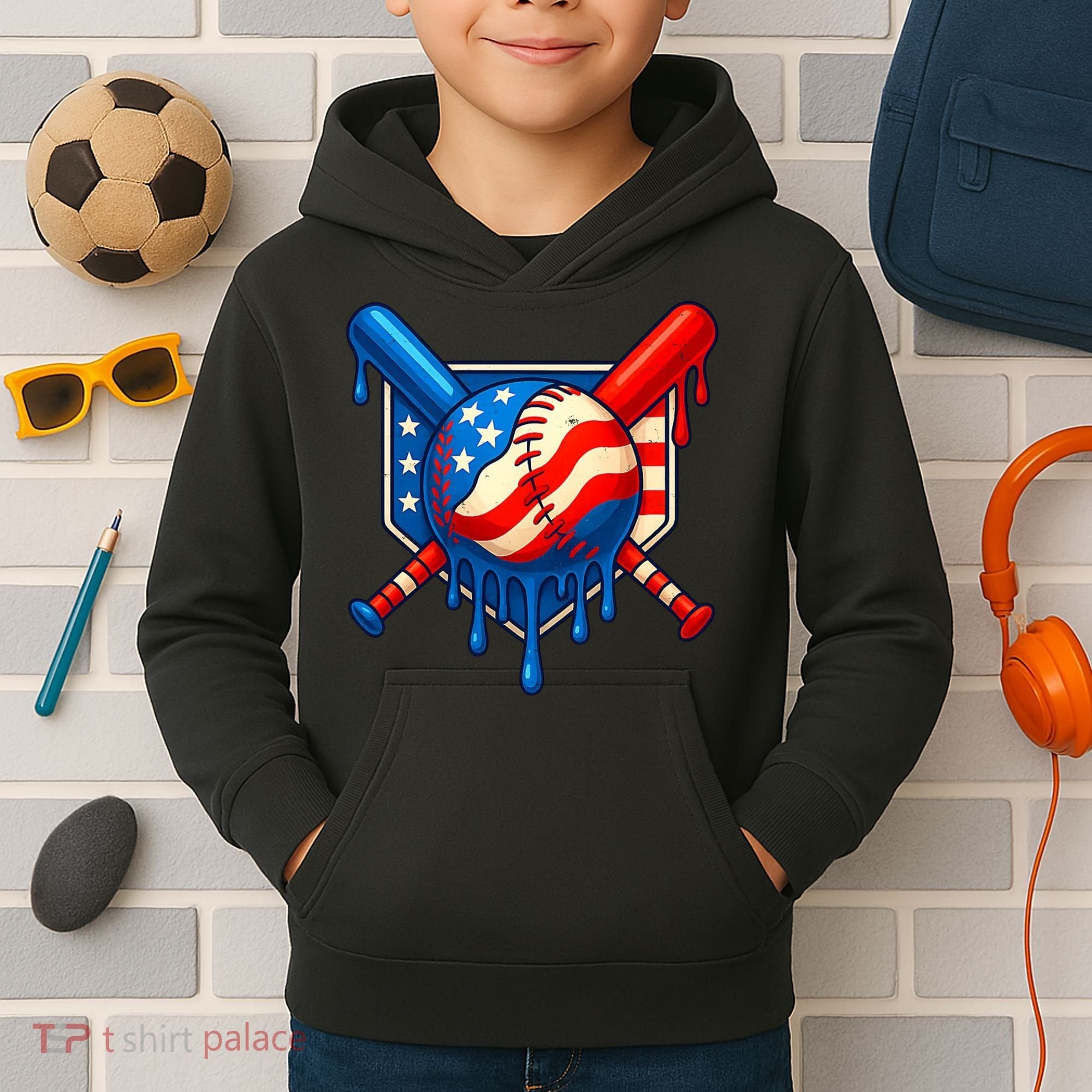 Baseball Drip Patriotic American Flag USA Kids Hoodie