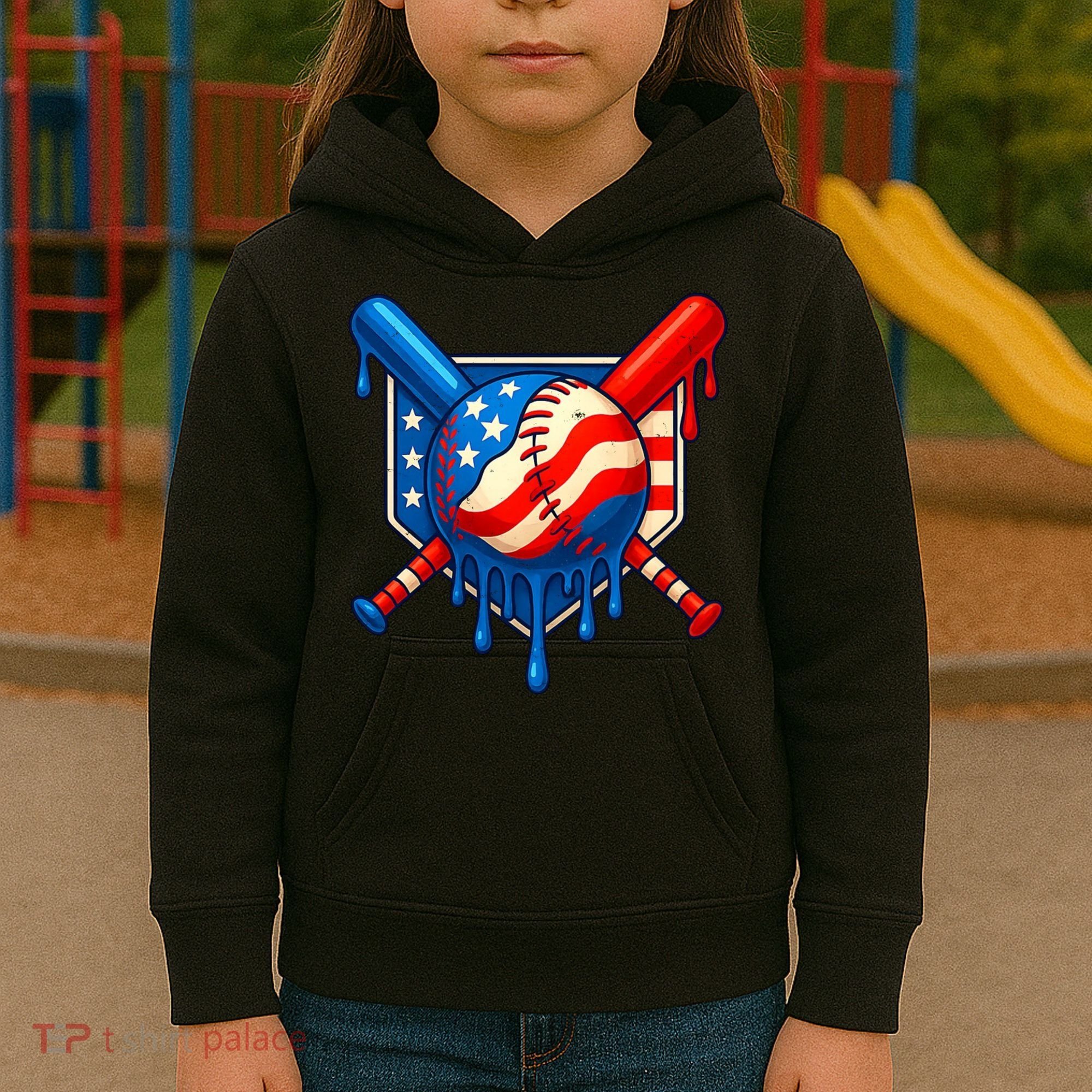 Baseball Drip Patriotic American Flag USA Kids Hoodie