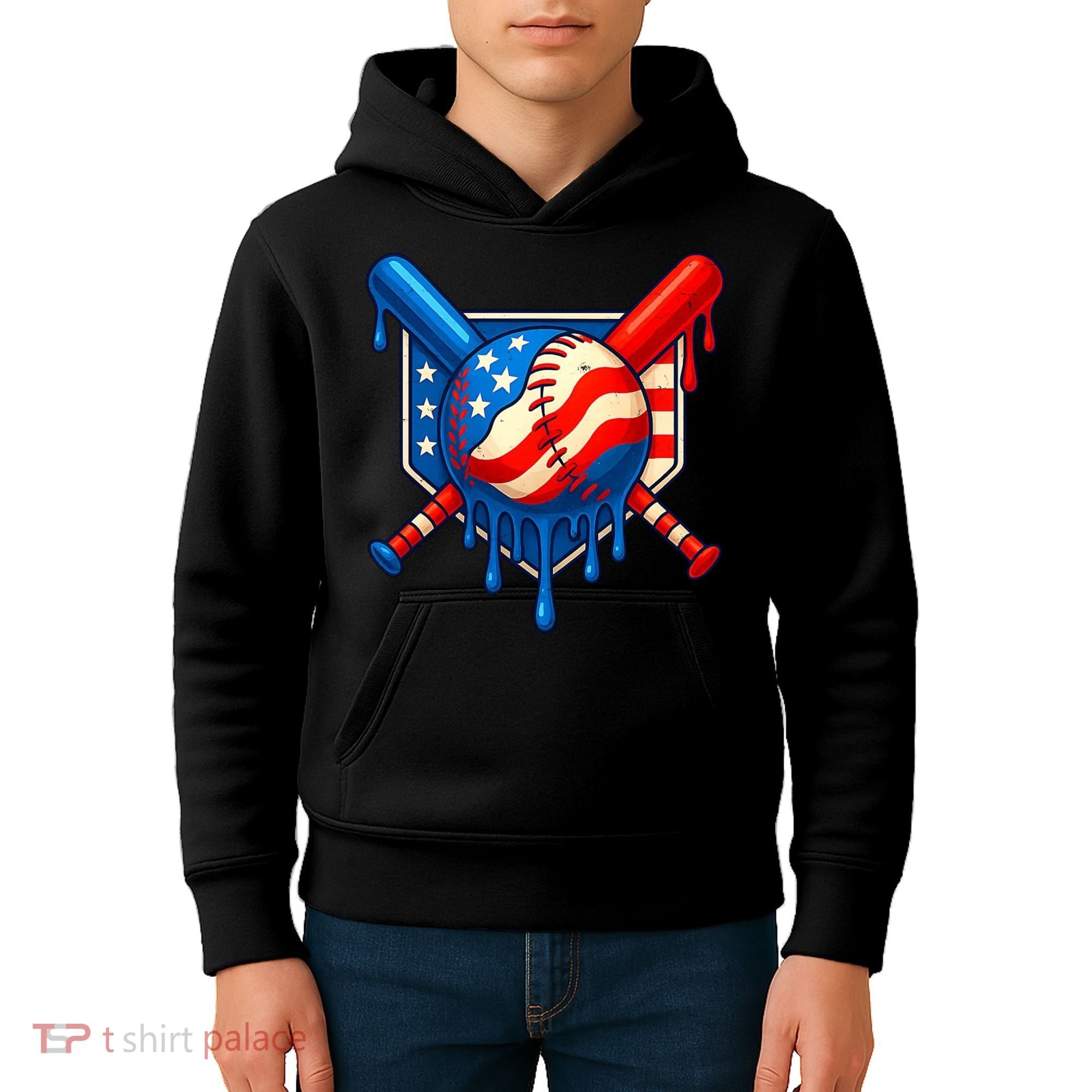 Baseball Drip Patriotic American Flag USA Kids Hoodie