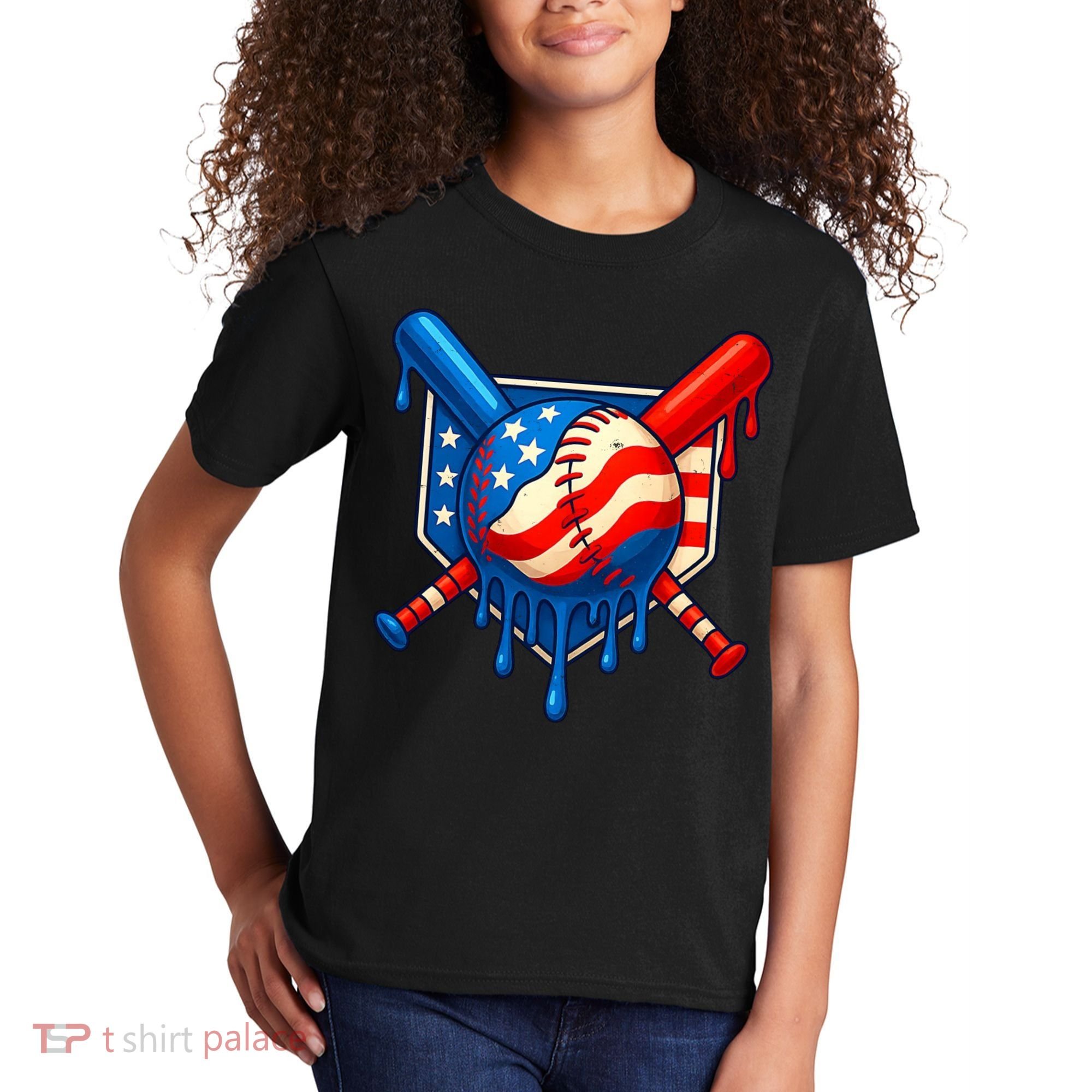 Baseball Drip Patriotic American Flag USA Kids T-Shirt