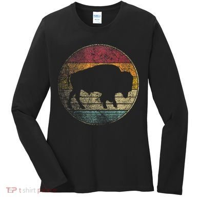 Buffalo Distressed Retro Bison Animal Lover Women's Long Sleeve Shirt