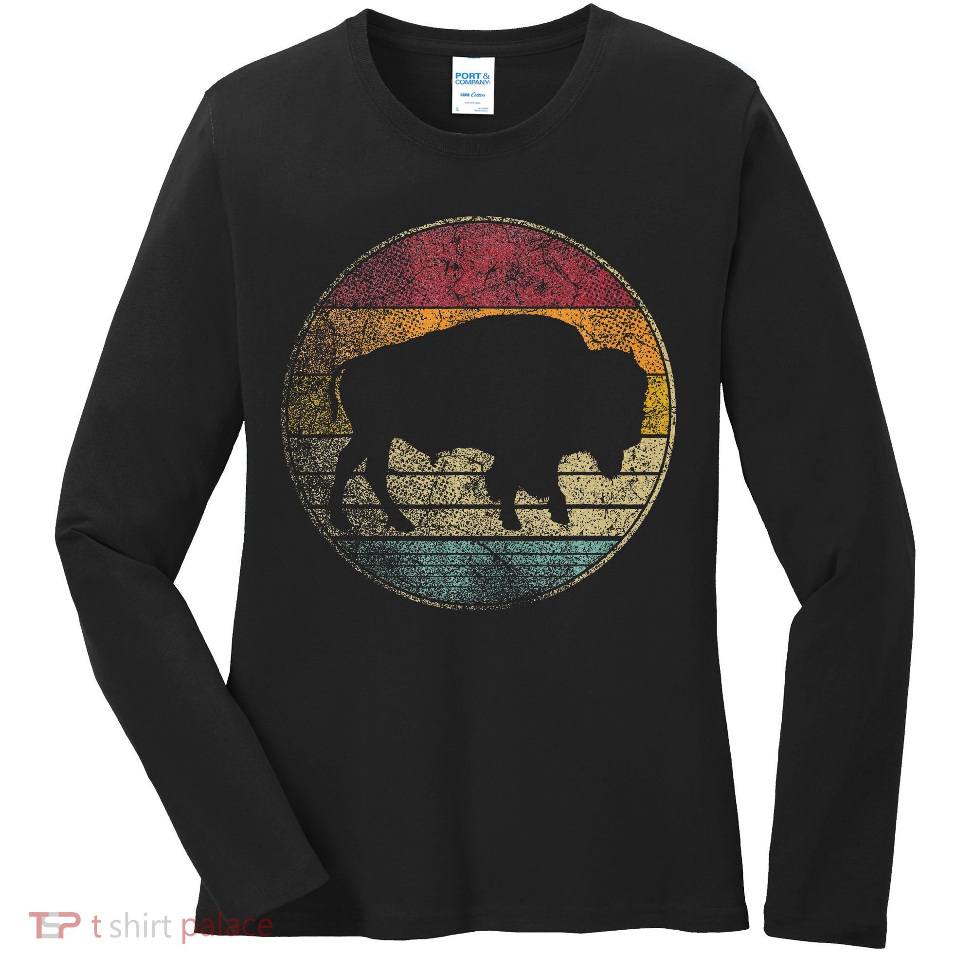 Buffalo Distressed Retro Bison Animal Lover Women's Long Sleeve Shirt