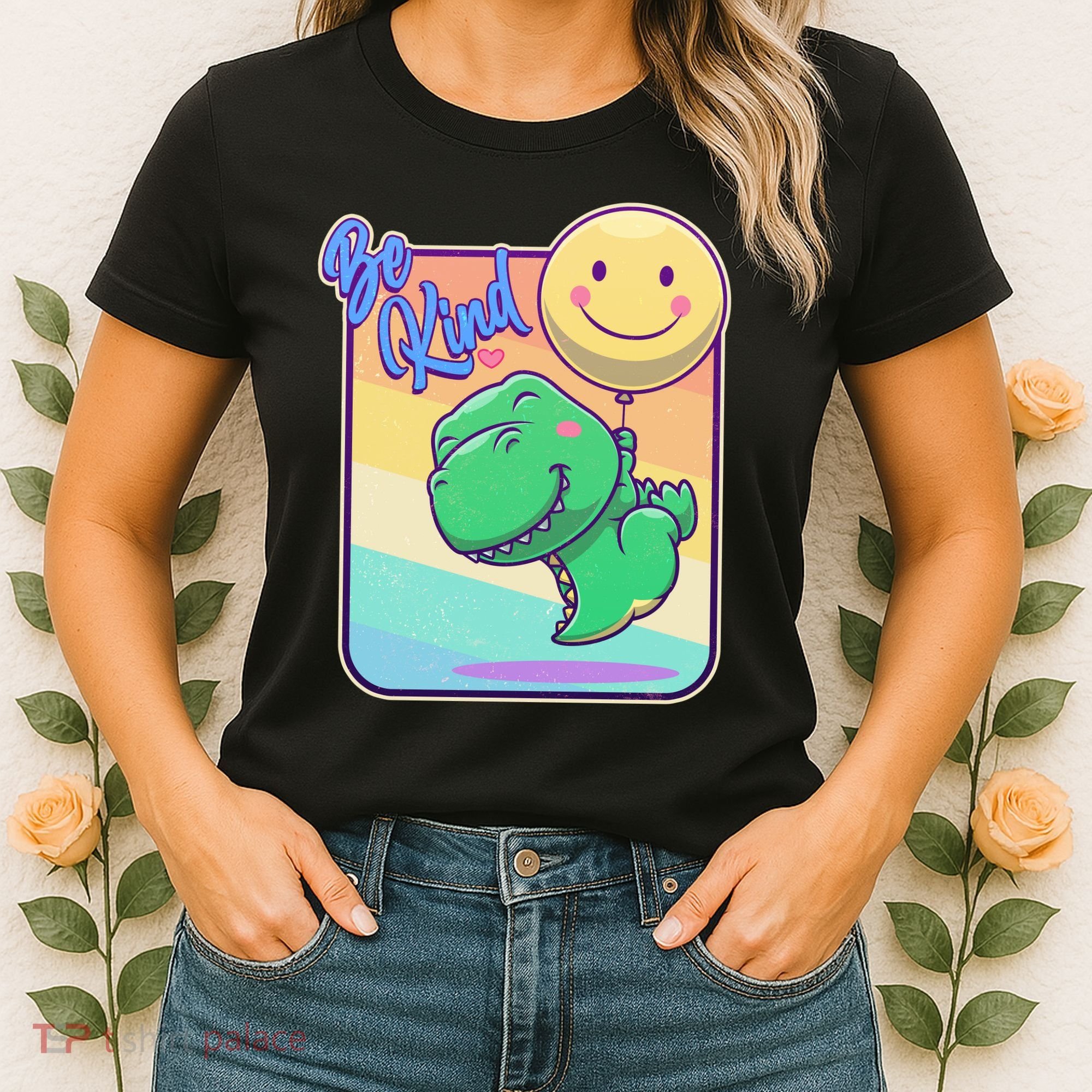 Be Kind Cute Happy TRex Dino Smiley Balloon Women's T-Shirt