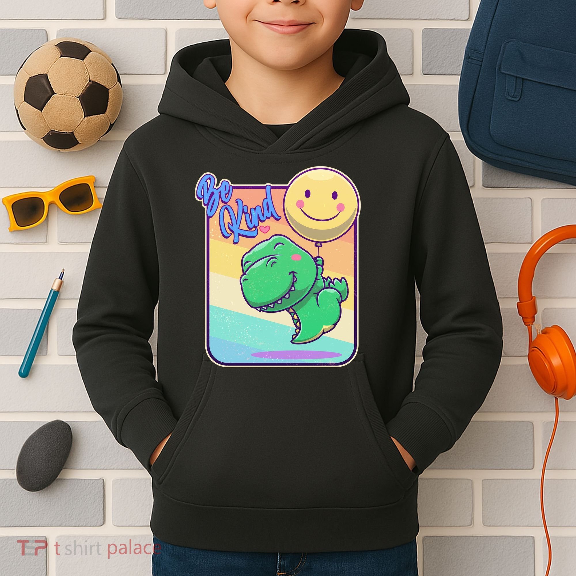 Be Kind Cute Happy TRex Dino Smiley Balloon Kids Hoodie