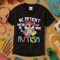 Be Patient With Me Autism Owl Kids T-Shirt thumb 3