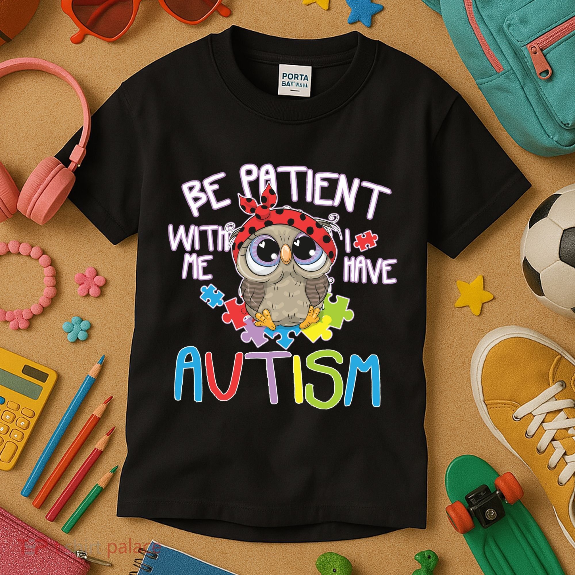 Be Patient With Me Autism Owl Kids T-Shirt