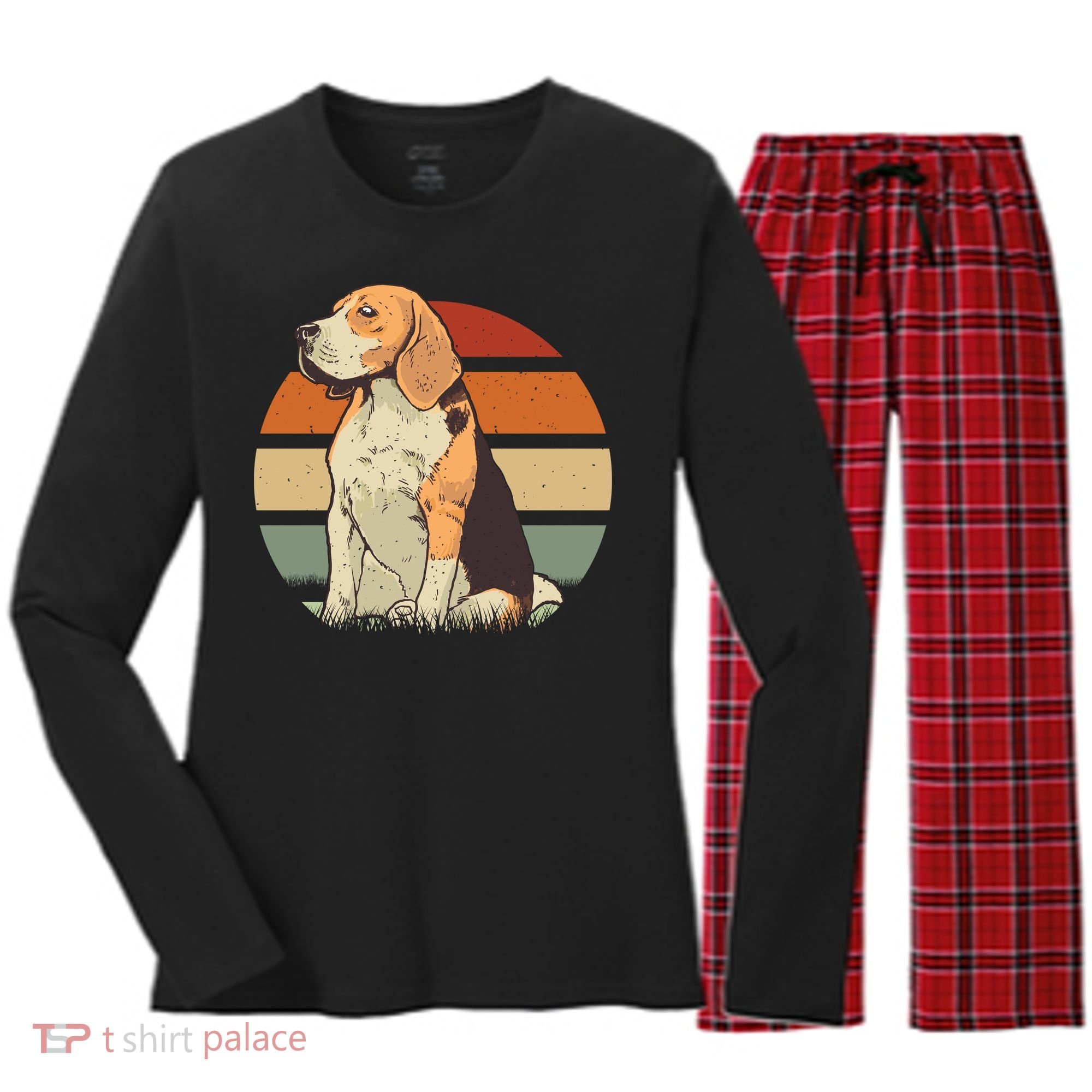 Beagle Retro Sunset Women's Long Sleeve Flannel Pajama Set 