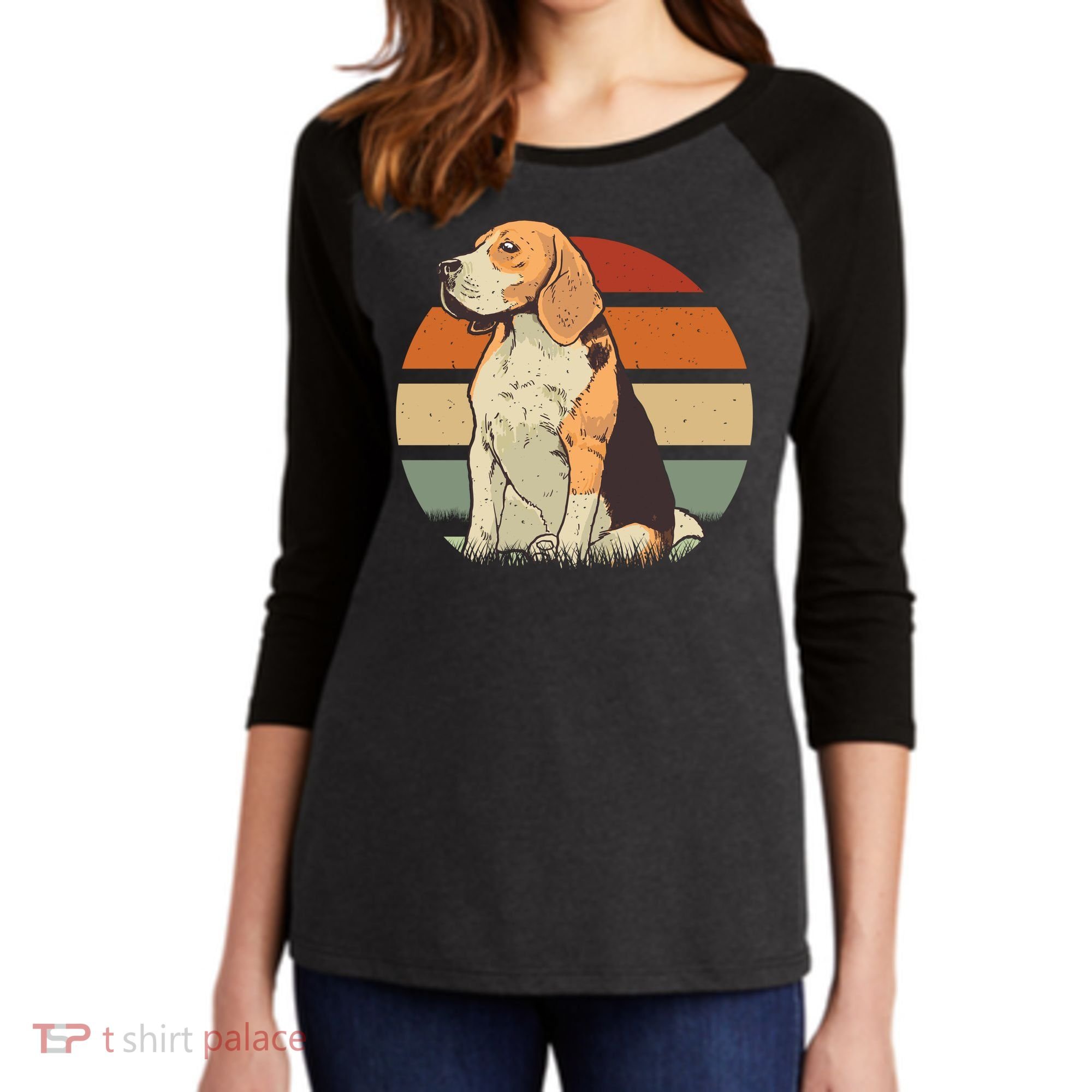 Beagle Retro Sunset Women's Tri-Blend 3/4-Sleeve Raglan Shirt