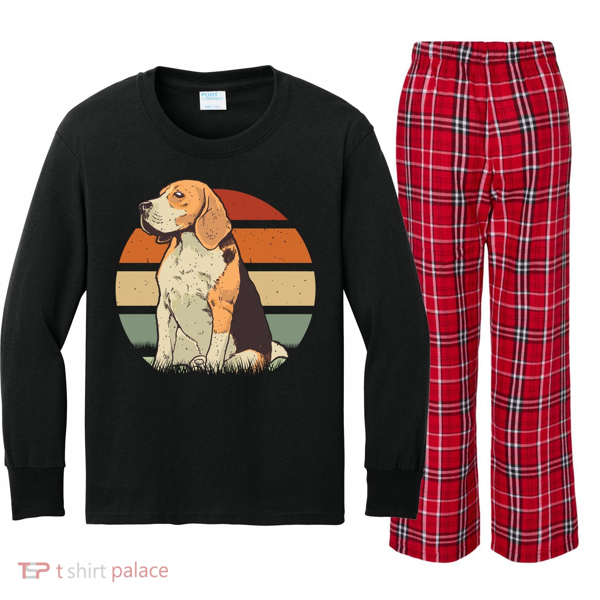 Beagle Retro Sunset Kids Long Sleeve Plaid Pajama Set