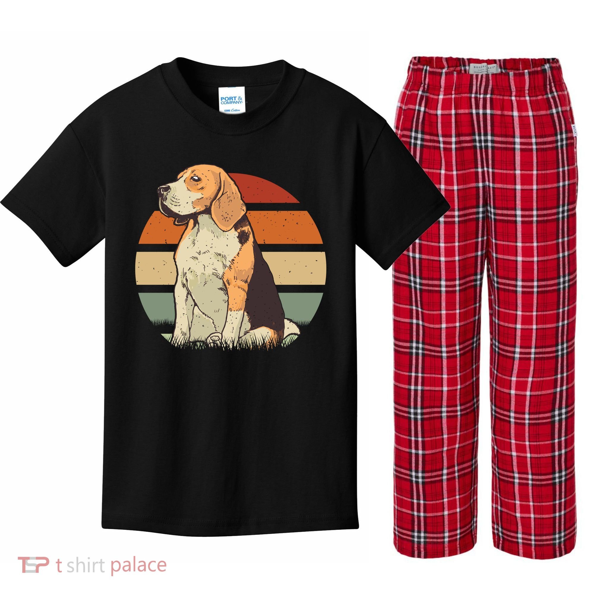 Beagle Retro Sunset Kids Plaid Pajama Set