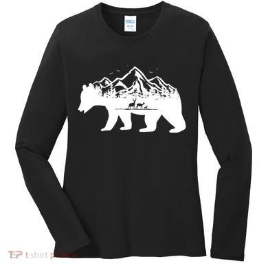 Bear Mountains With Deer Family Nature Fan Women's Long Sleeve Shirt