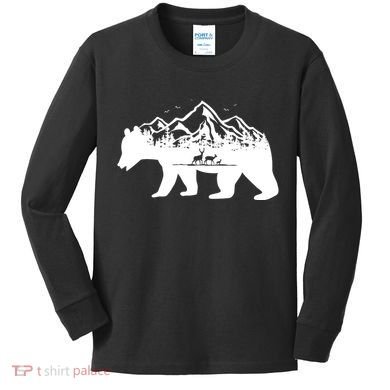 Bear Mountains With Deer Family Nature Fan Kids Long Sleeve Shirt