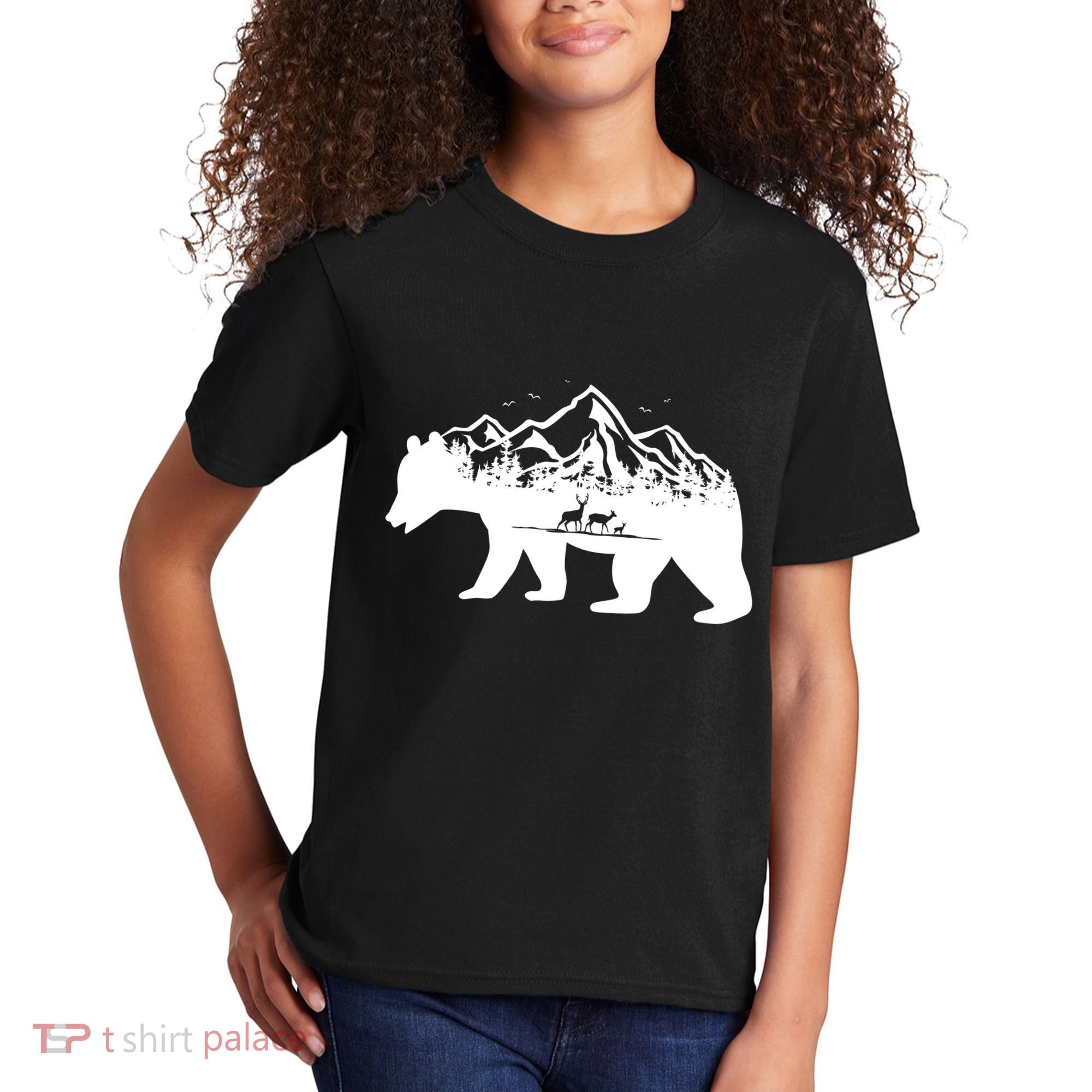 Bear Mountains With Deer Family Nature Fan Kids T-Shirt