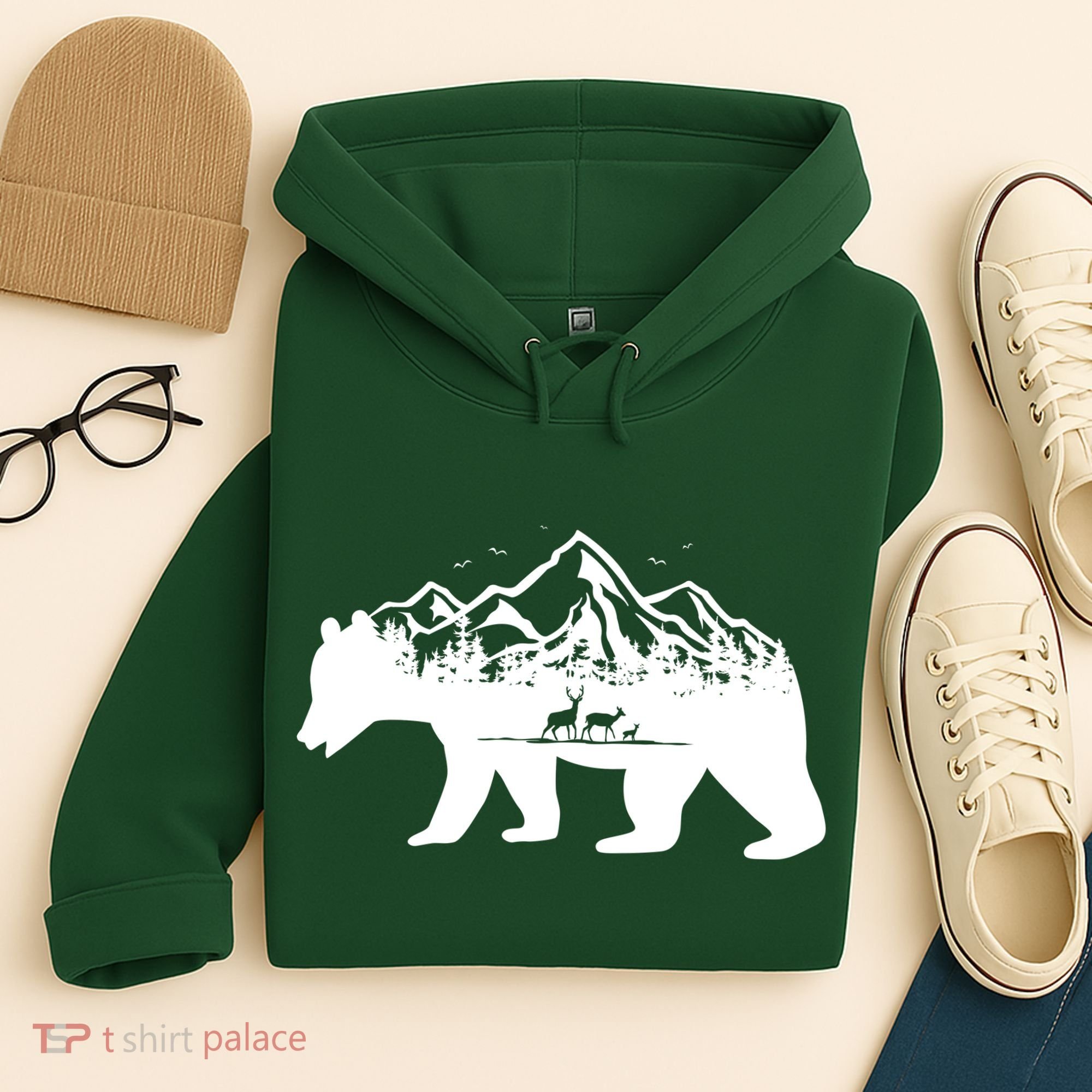 Bear Mountains With Deer Family Nature Fan Hoodie