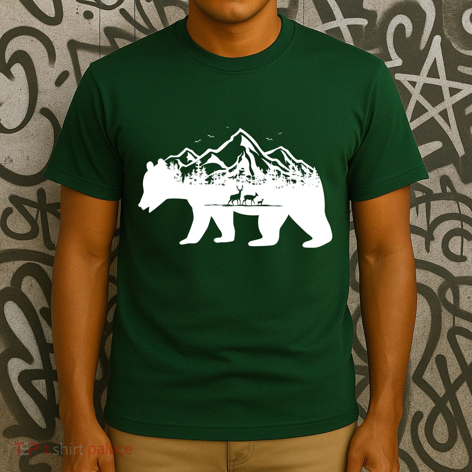 Bear Mountains With Deer Family Nature Fan T-Shirt