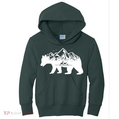 Bear Mountains With Deer Family Nature Fan Kids Hoodie