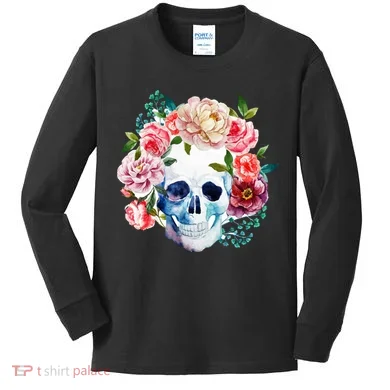 Beautiful Flower Skull Kids Long Sleeve Shirt