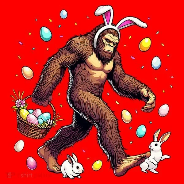 Bigfoot Easter Day Funny Sasquatch Cute Bunny Easter Eggs  Santa Hat