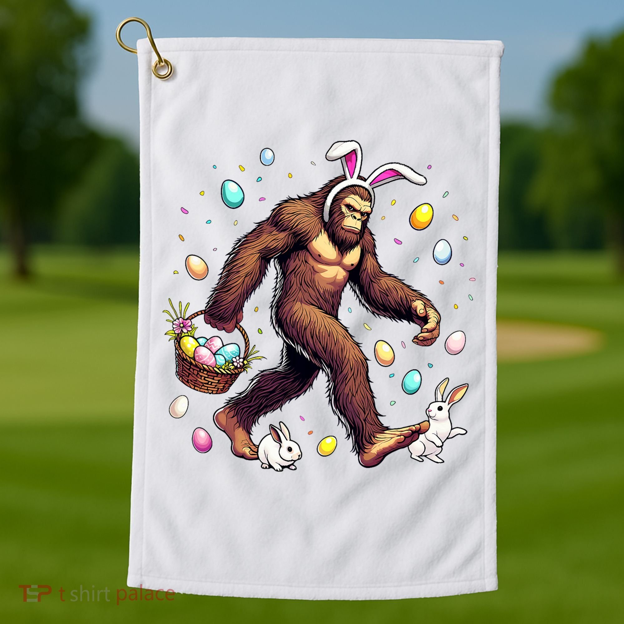 Bigfoot Easter Day Funny Sasquatch Cute Bunny Easter Eggs  Golf Towel