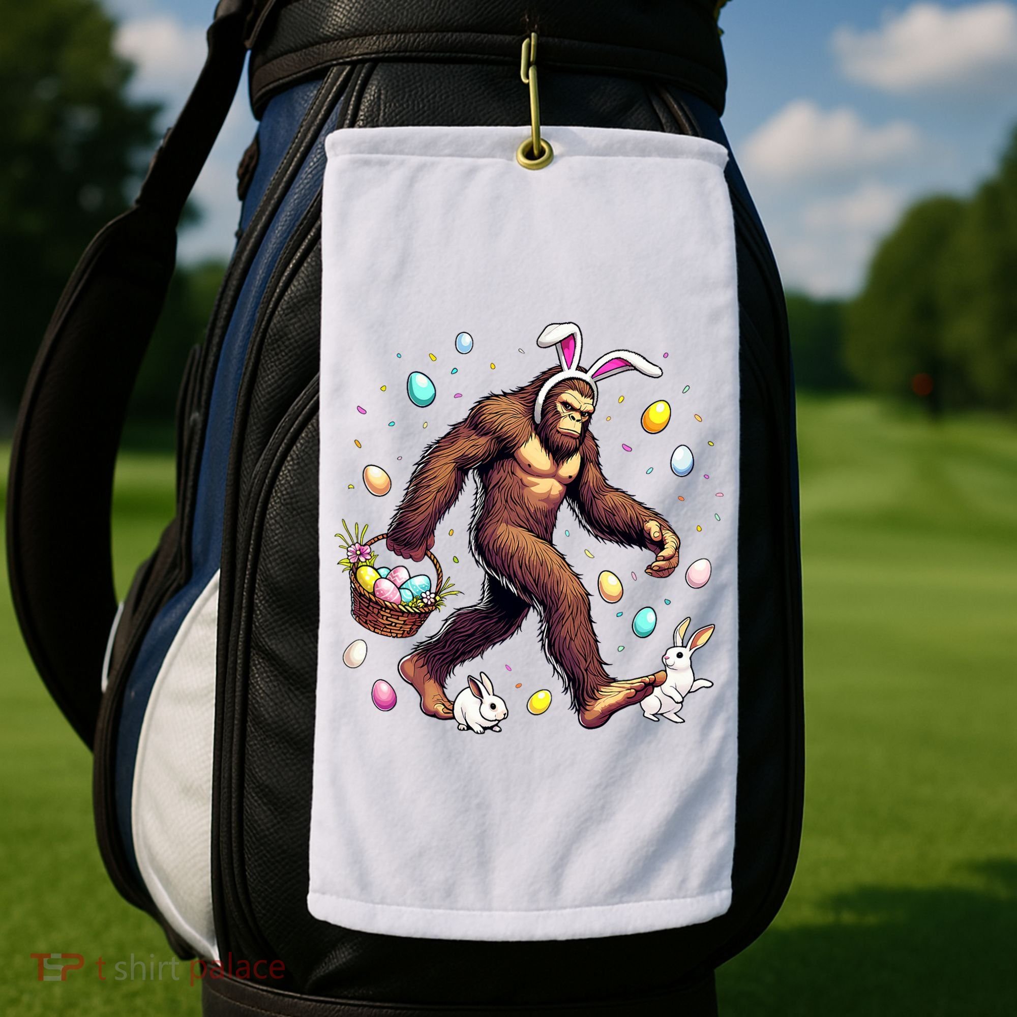 Bigfoot Easter Day Funny Sasquatch Cute Bunny Easter Eggs  Golf Towel