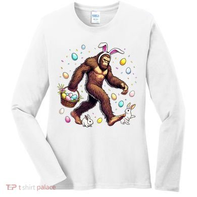 Bigfoot Easter Day Funny Sasquatch Cute Bunny Easter Eggs  Women's Long Sleeve Shirt