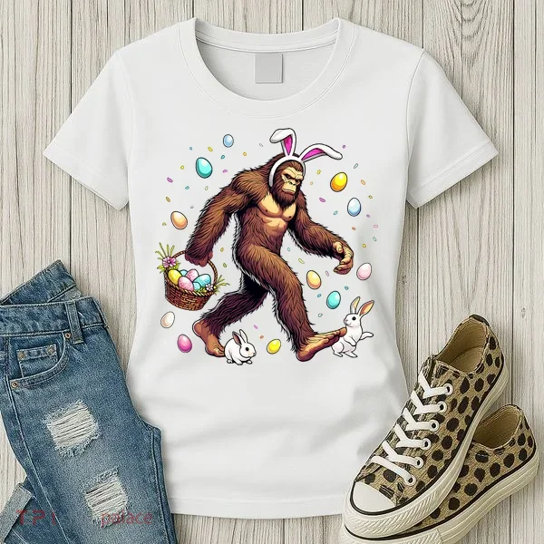 Bigfoot Easter Day Funny Sasquatch Cute Bunny Easter Eggs  Women's T-Shirt