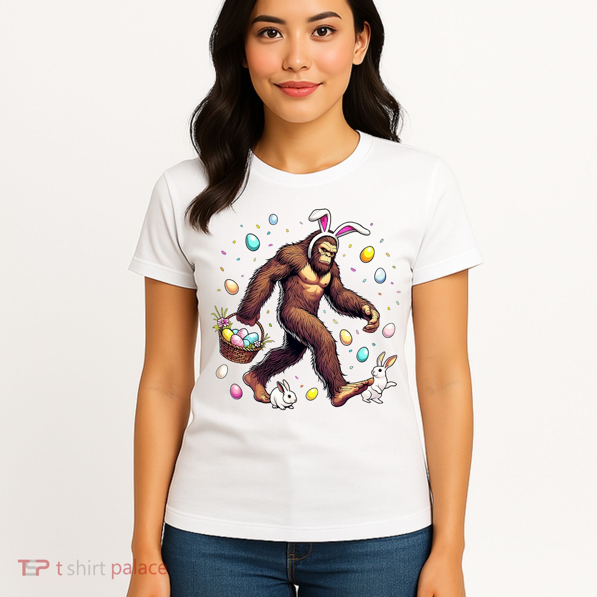 Bigfoot Easter Day Funny Sasquatch Cute Bunny Easter Eggs  Women's T-Shirt