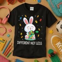 Bunny Easter Eggs Piece Autistic Different Not Less Kids T-Shirt thumb 3