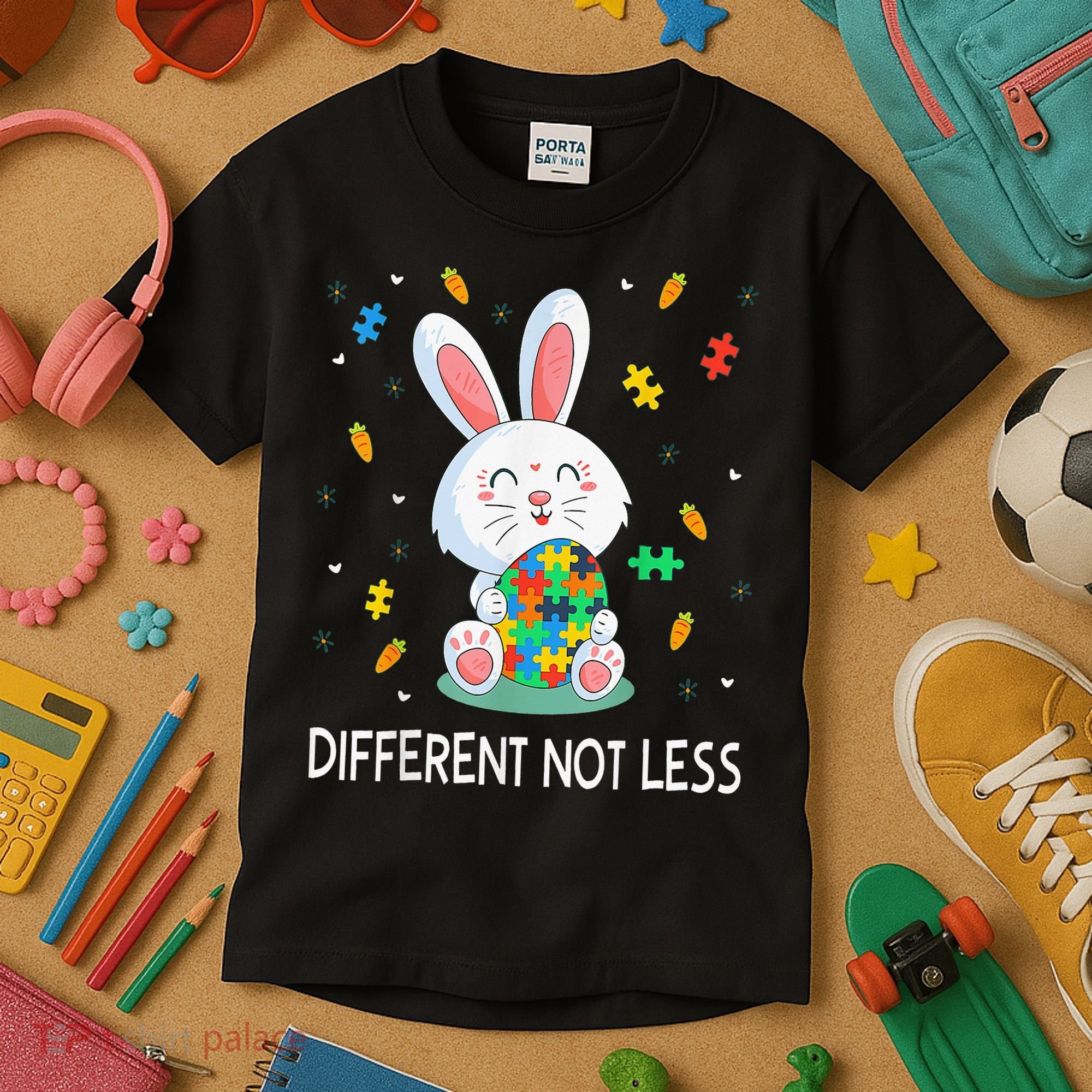 Bunny Easter Eggs Piece Autistic Different Not Less Kids T-Shirt