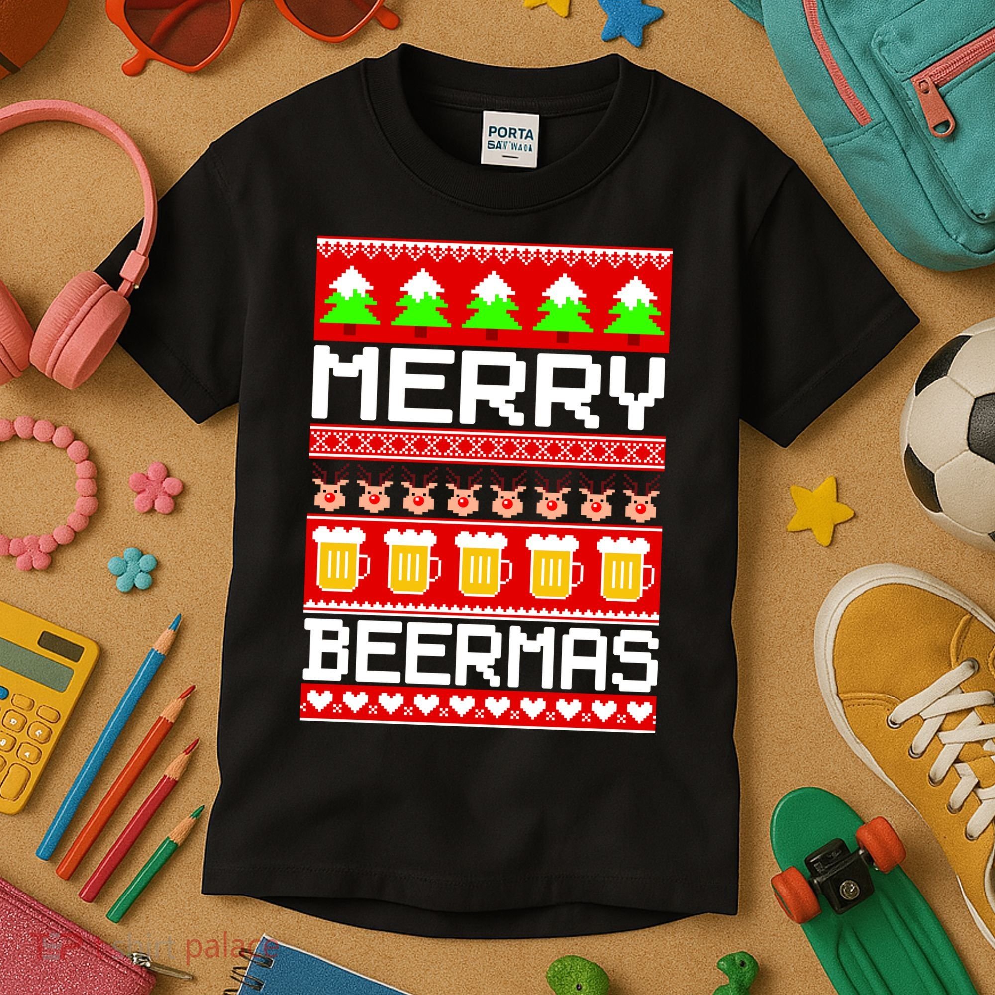 Beer Ugly Christmas Sweater Merry Beermas Kids T-Shirt