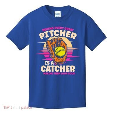 Behind Every Great Pitcher Is Catcher Making Them Look Good Gift Kids T-Shirt