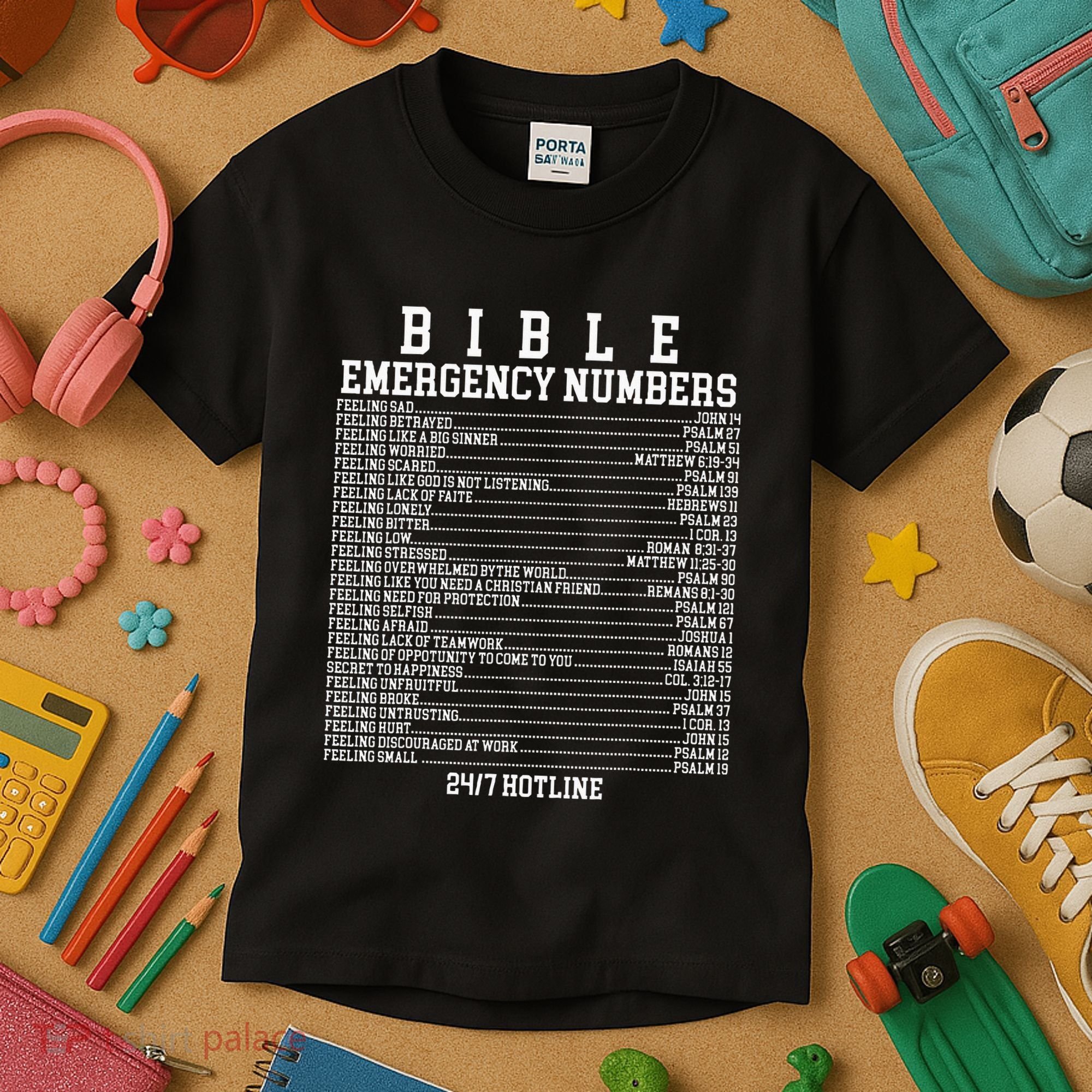 Bible Emergency Hotline Numbers Funny Christian Family Jesus Kids T-Shirt
