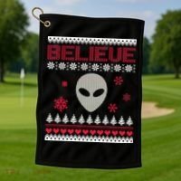 Believe In Aliens Ugly Christmas Golf Towel thumb 1