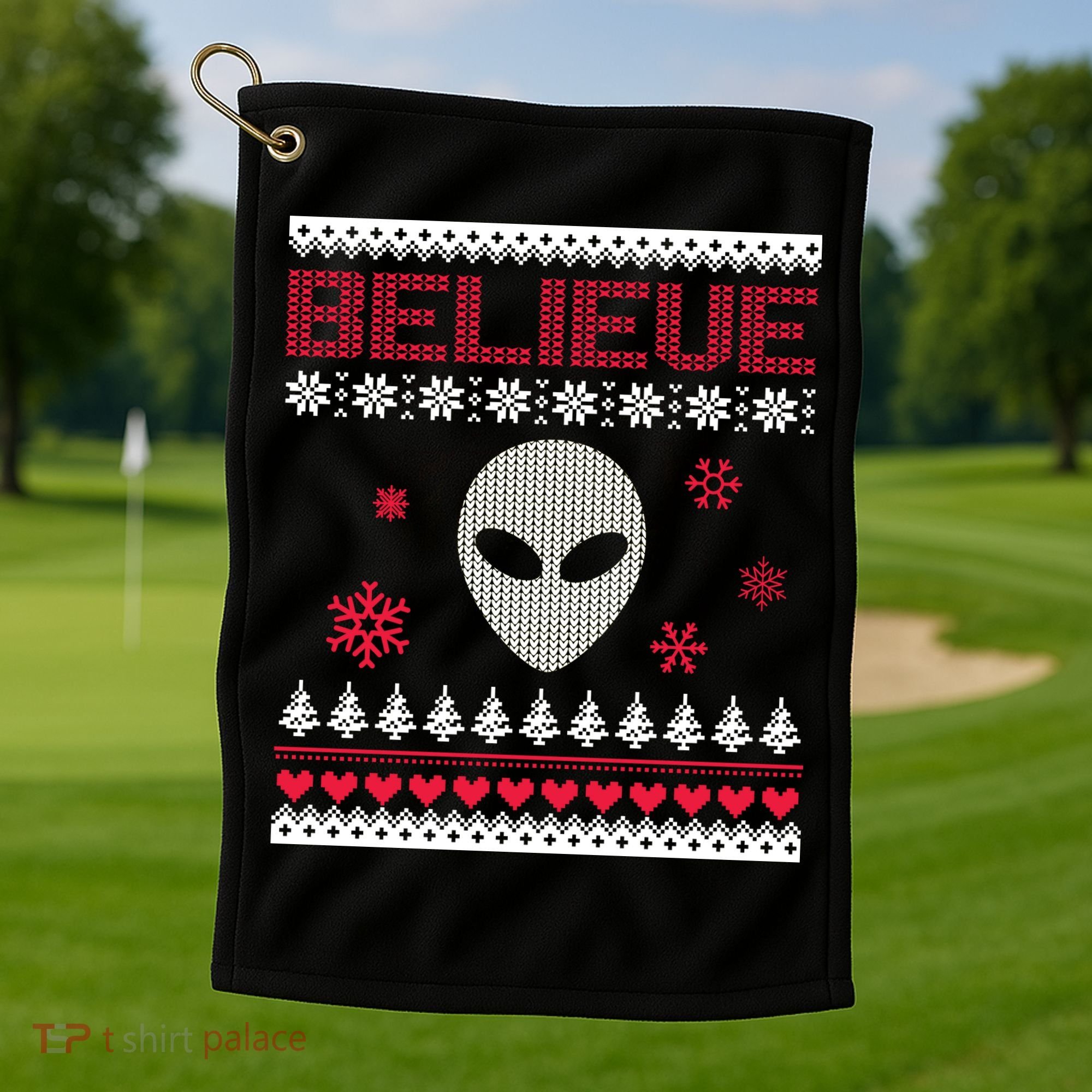 Believe In Aliens Ugly Christmas Golf Towel