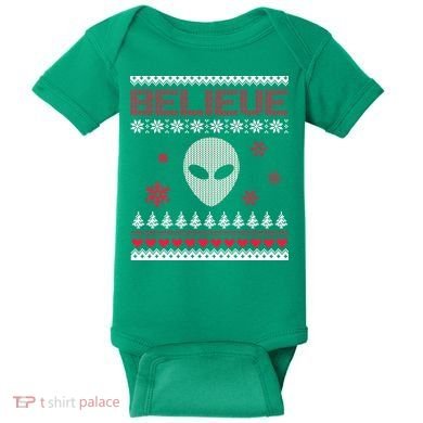 Believe In Aliens Ugly Christmas Baby Bodysuit