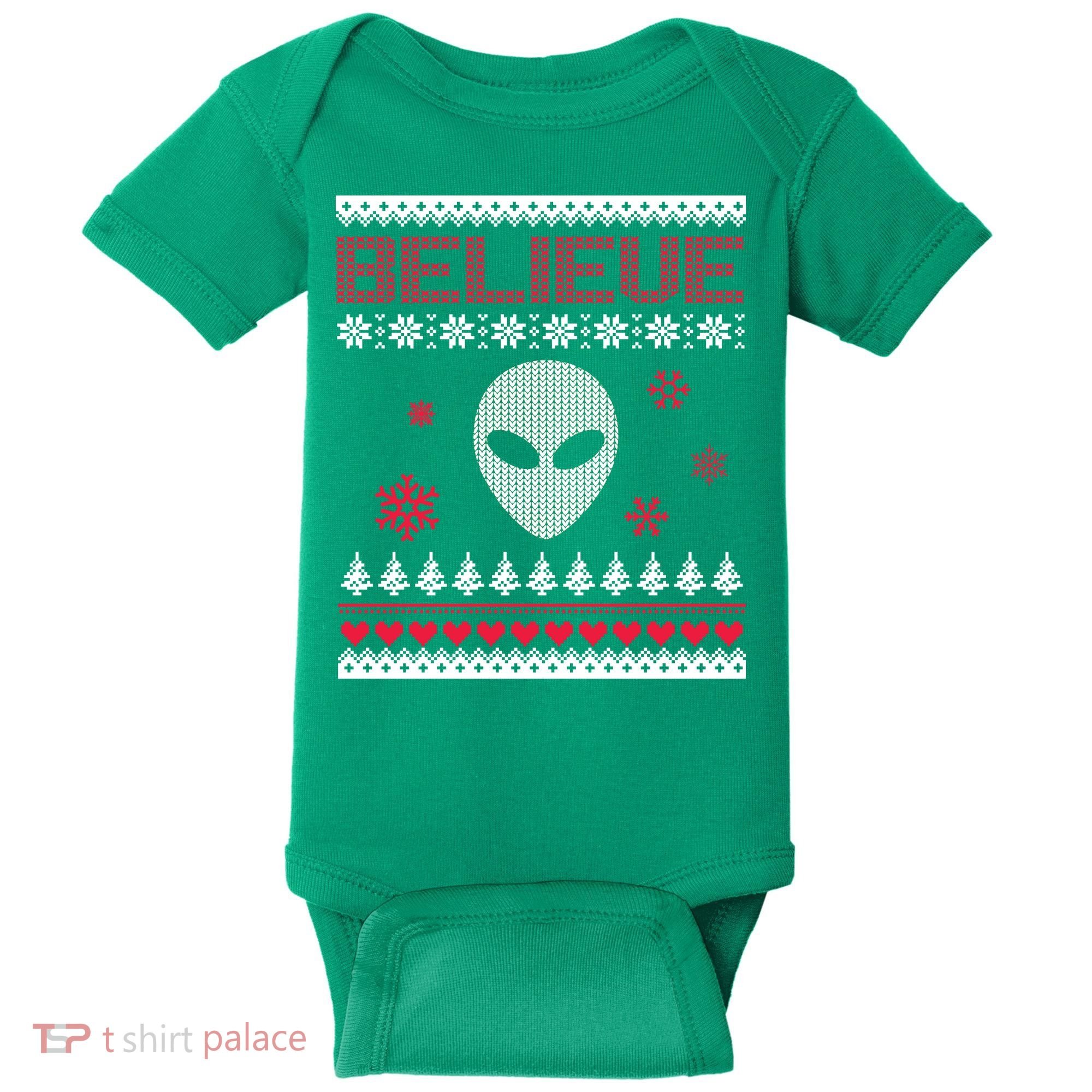 Believe In Aliens Ugly Christmas Baby Bodysuit