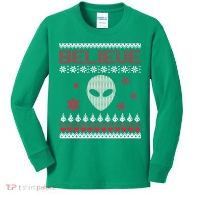 Believe In Aliens Ugly Christmas Kids Long Sleeve Shirt