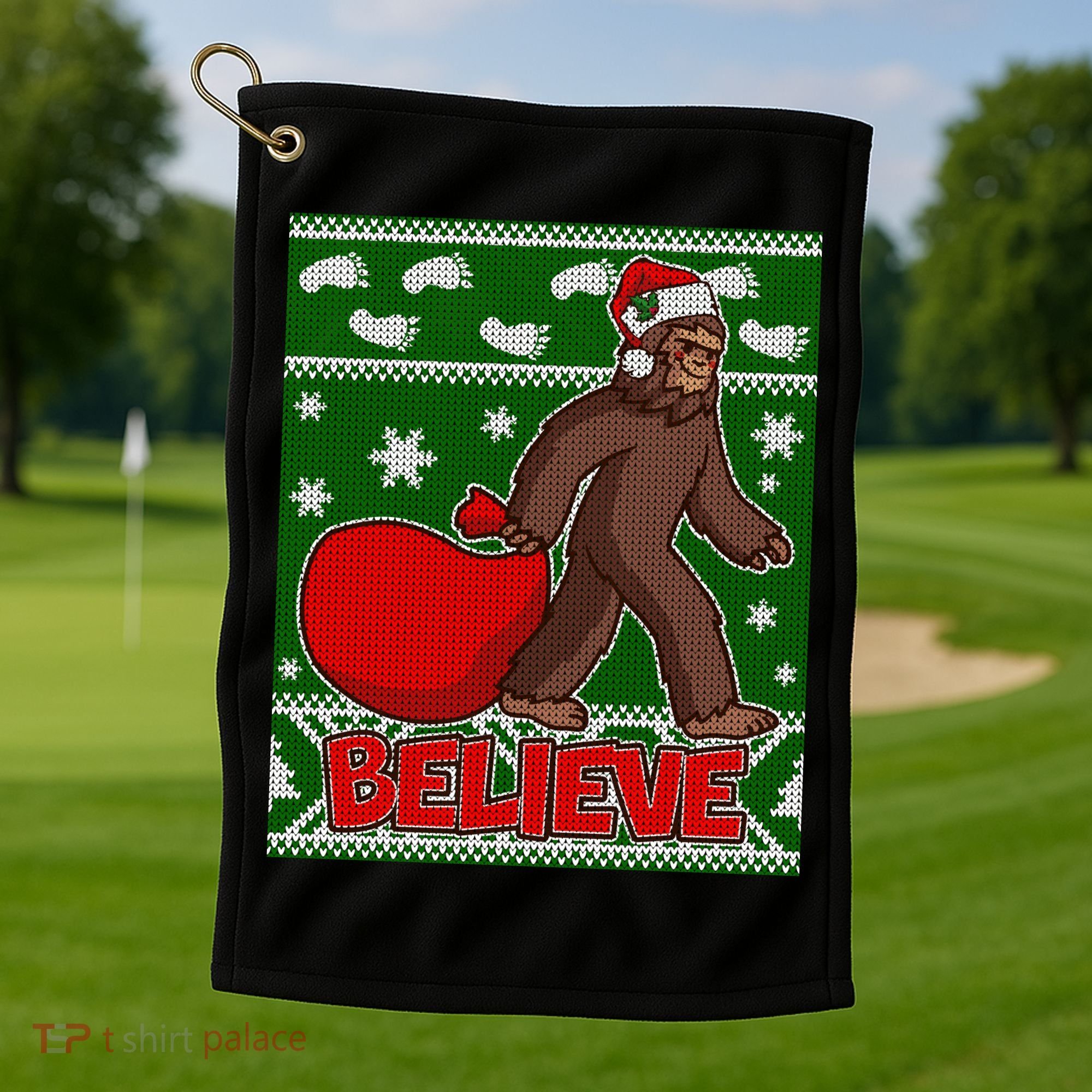 Believe In Santa Bigfoot Ugly Christmas Golf Towel