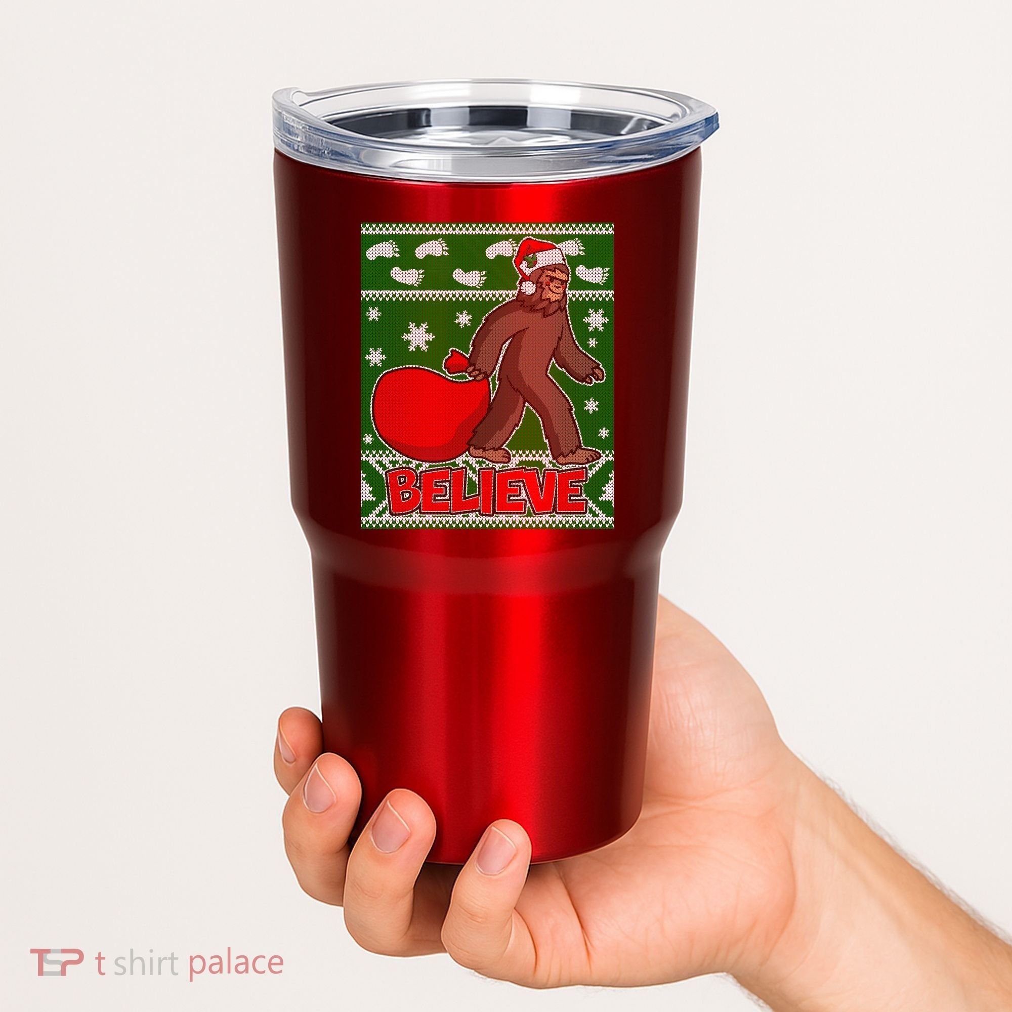 Believe In Santa Bigfoot Ugly Christmas Tumbler