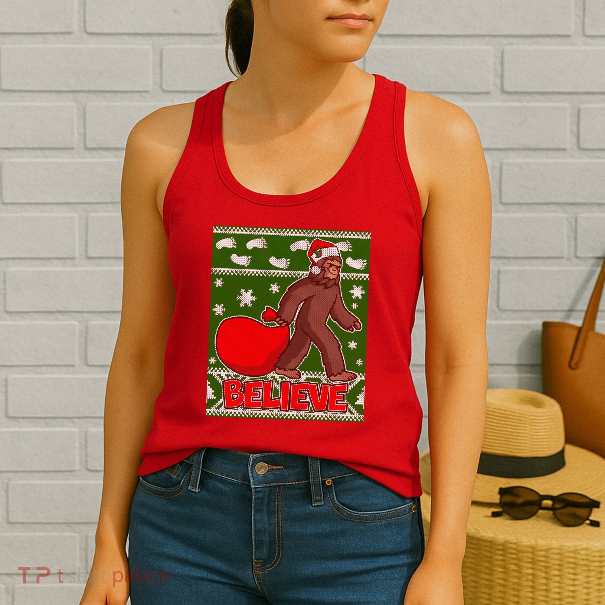 Believe In Santa Bigfoot Ugly Christmas Women's Tank Top