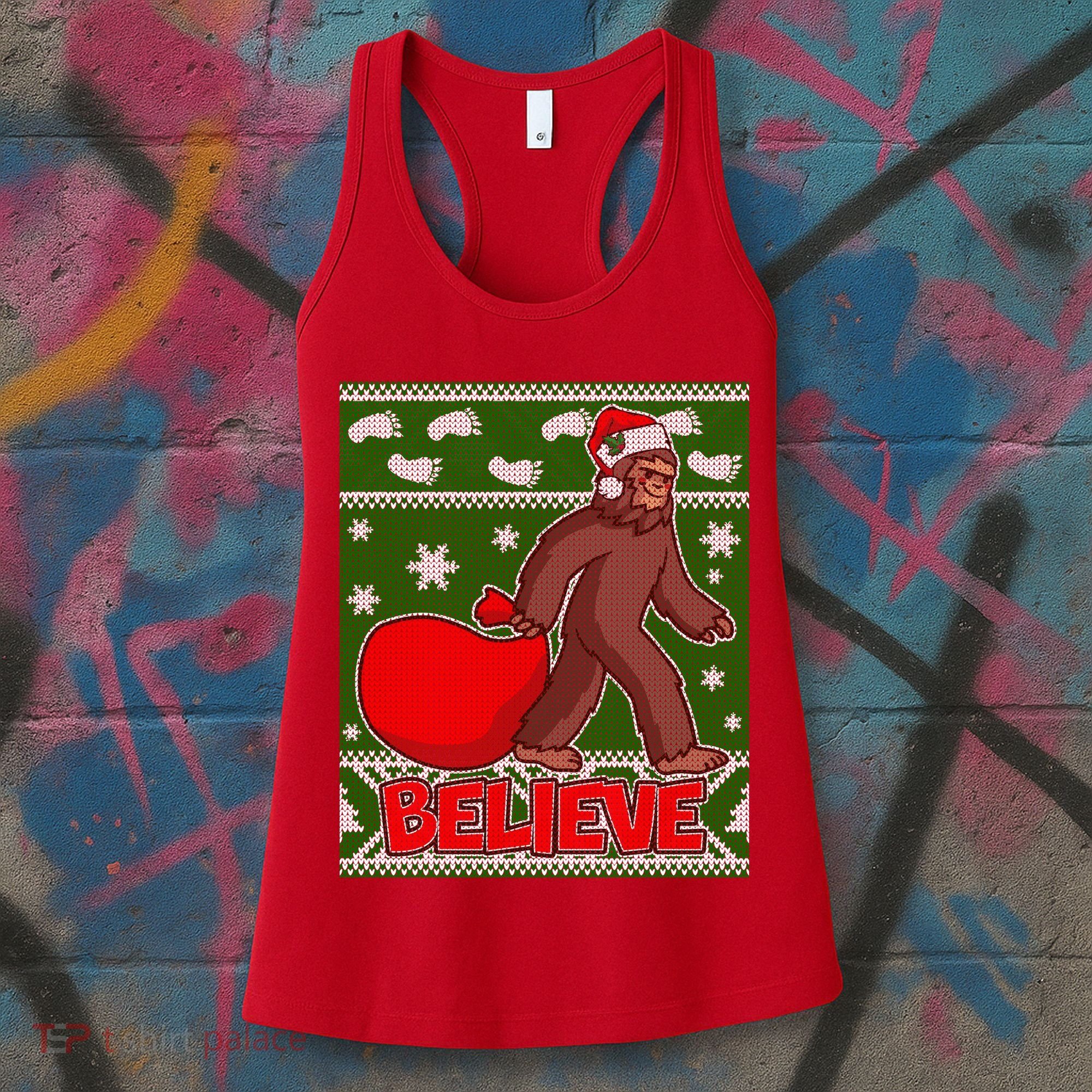 Believe In Santa Bigfoot Ugly Christmas Women's Tank Top