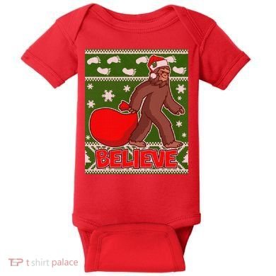 Believe In Santa Bigfoot Ugly Christmas Baby Bodysuit