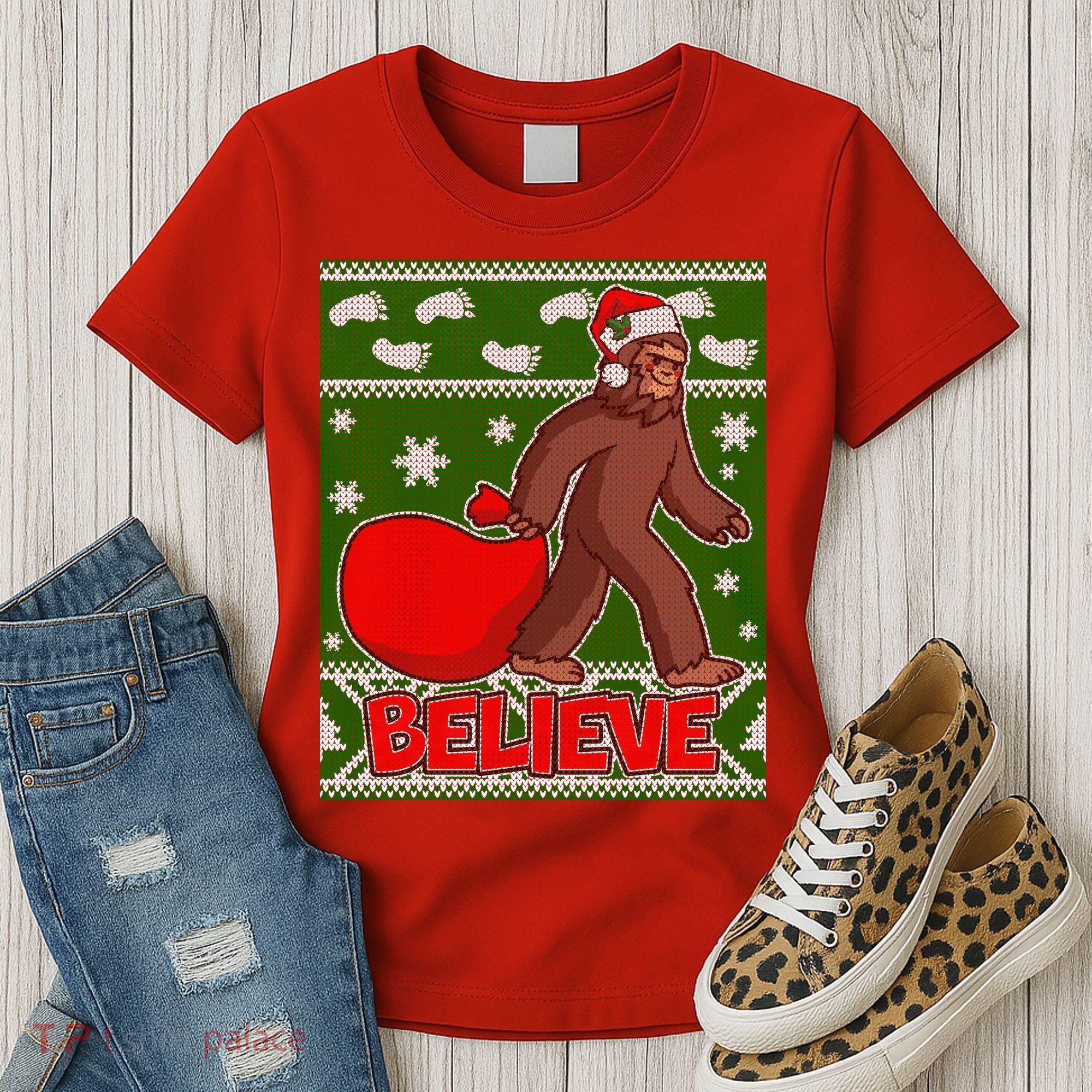Believe In Santa Bigfoot Ugly Christmas Women's T-Shirt