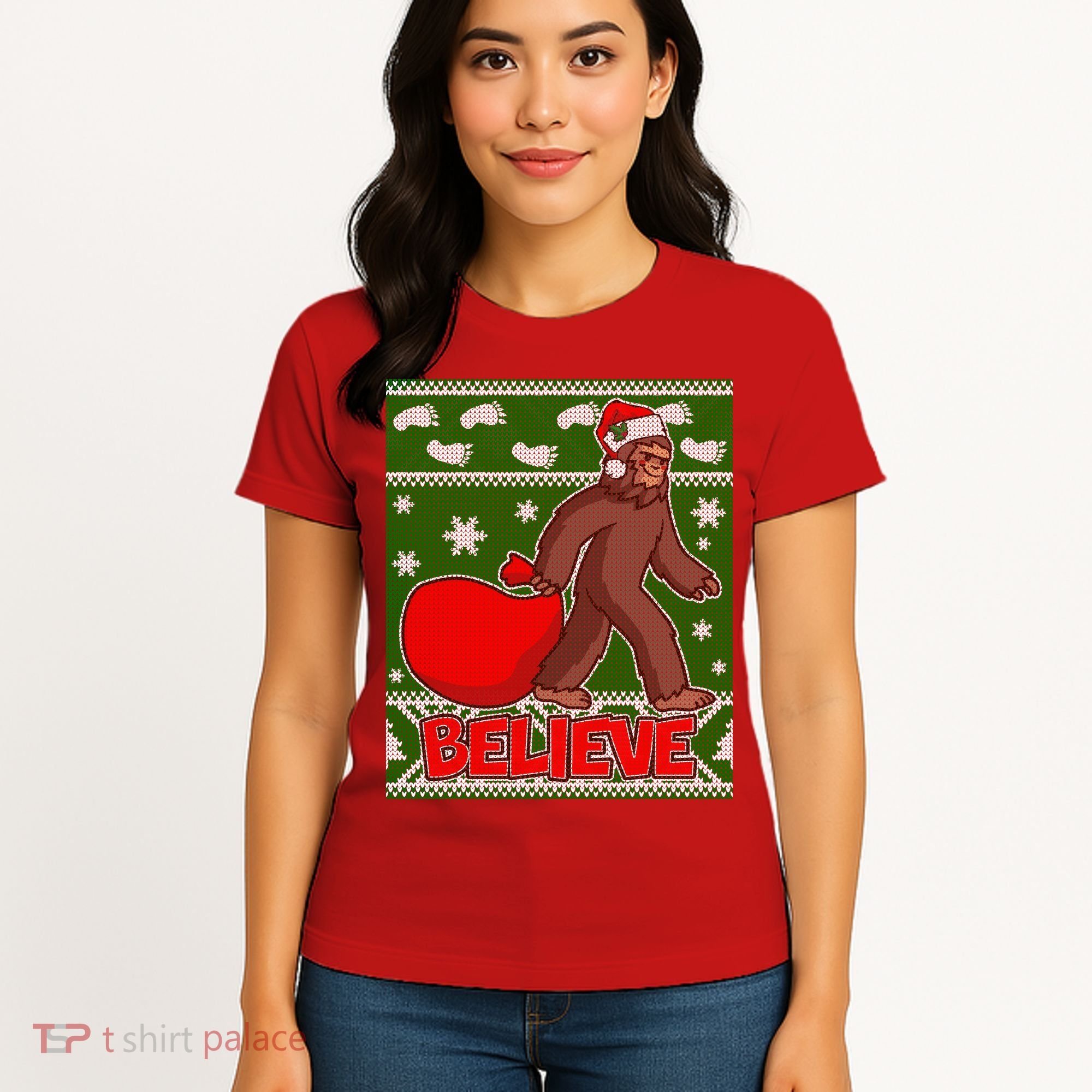 Believe In Santa Bigfoot Ugly Christmas Women's T-Shirt