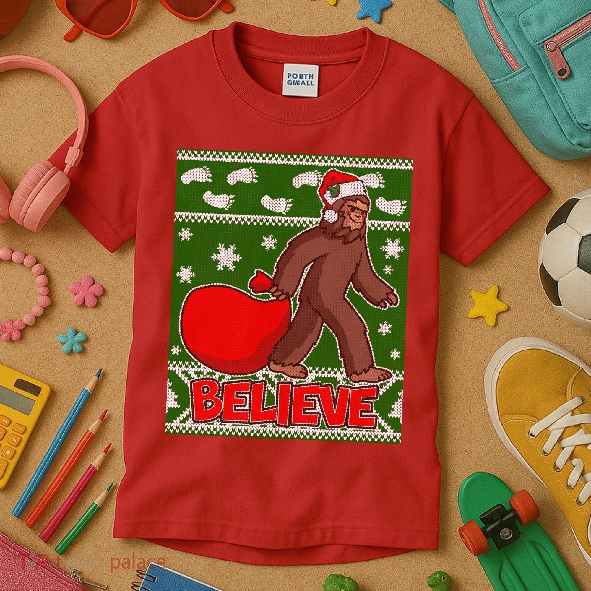 Believe In Santa Bigfoot Ugly Christmas Kids T-Shirt